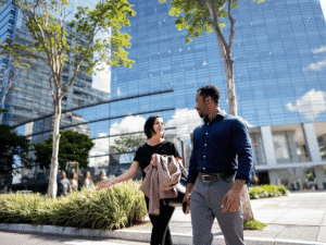 Two professionals walking and talking